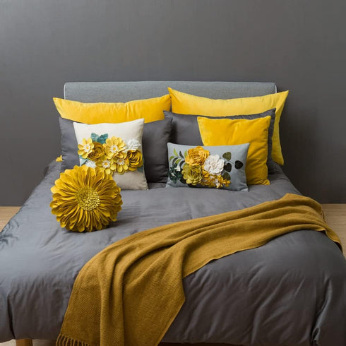 JWH Decorative 3D Flower Throw Pillow Cover, Handmade Floral Accent Pillowcase, 12x20 Inches, Gray Yellow for Sofa