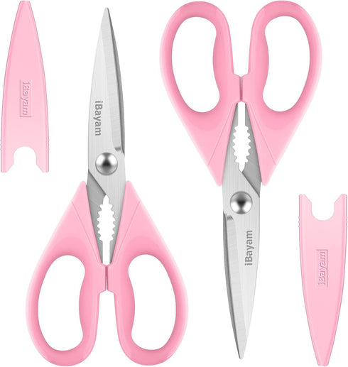 iBayam Kitchen Shears, Heavy Duty Meat Scissors, Dishwasher Safe Utility Scissors, 2-Pack (Pastel Pink)