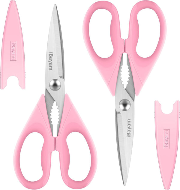 iBayam Kitchen Shears, Heavy Duty Meat Scissors, Dishwasher Safe Utility Scissors, 2-Pack (Pastel Pink)