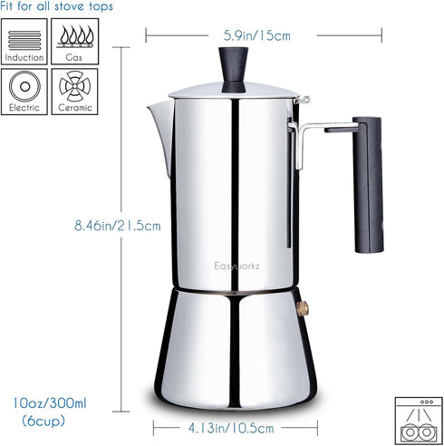 6Cup 300ml Easyworkz Pedro Stovetop Espresso Maker Stainless Steel Italian Coffee Machine Maker Moka Pot Induction