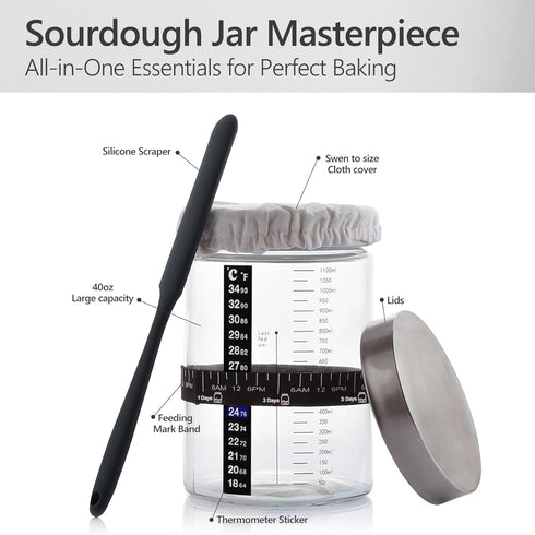 Ecoxiuo -40oz (2-pack) Sourdough Starter Kit Thick Glass Sourdough Starter Jar Sour Dough Container for Bread Baking