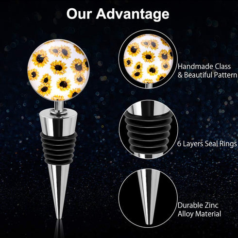 Soleebee 3 Pack Decorative Wine Stoppers, Art Glass Bottle Stoppers for Gifts, Bar, Holiday Party, Wedding (Sunflower)