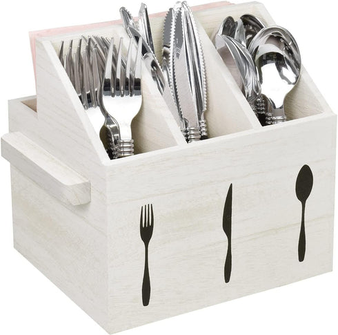 Ikee Design Wooden Utensil Caddy with Handles, Silverware Holder for Countertop, Party, Camping, White