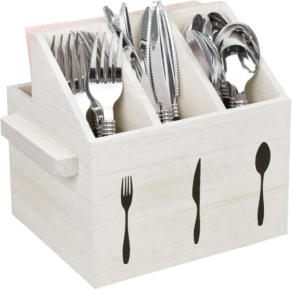 Ikee Design Wooden Utensil Caddy with Handles, Silverware Holder for Countertop, Party, Camping, White