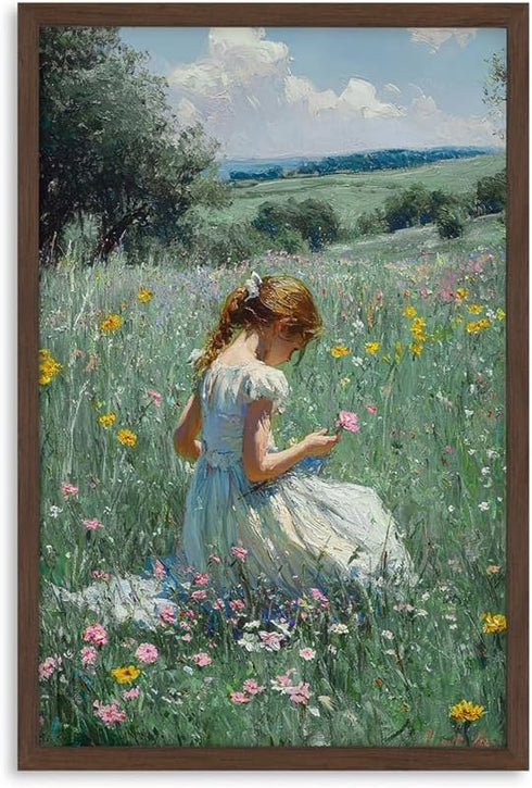 Framed Girl in Wildflower Meadow Wall Art Impressionist Oil Painting Print on