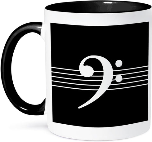 3dRose Black Bass Clef F-Clef on Musical Staves, Two Tone Black Mug, 11oz Musician Gift