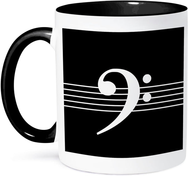 3dRose Black Bass Clef F-Clef on Musical Staves, Two Tone Black Mug, 11oz Musician Gift