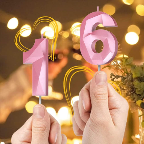 Number Birthday Candles (2 Candle Pink), 3D Diamond Shape 2nd Happy Birthday Cake Topper for Celebration Supplies