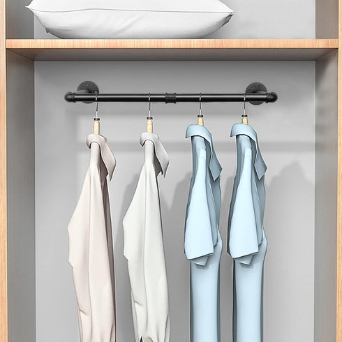 Industrial Iron Pipe Clothes Hanging Bar, Heavy Duty Wall-Mounted Garment Rack for Bedroom, Laundry Room Storage