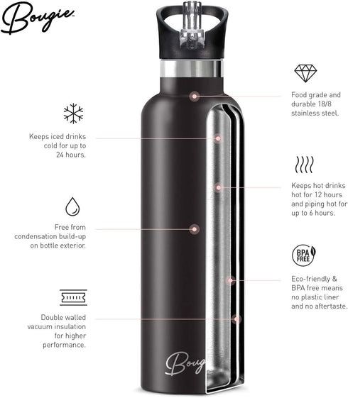Stainless Steel Water Bottle with Straw, Wide Mouth Double Insulated, Cute Flamingo Gifts for Women, Leak Proof Lid, 25