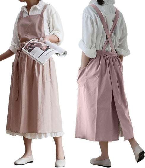 Cotton Pleated Apron - Retro Waterdrop Proof Garden Cleaning Pinafore Dress