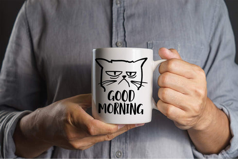 CBTwear Good Morning Funny Grumpy Cat 11oz White Ceramic Coffee Mug - Unique Cat Mom Gift for Any Occasion