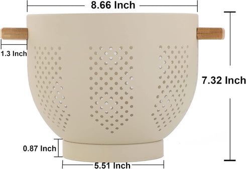 Metal Colander with Wood Handle, 5.5 Quart Powder Coated Steel Kitchen Strainer, Stable Base, Sand Yellow
