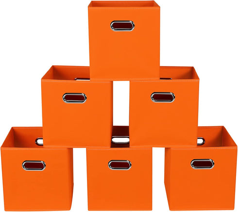 Fabric Cube Organizer with Handle, Foldable Storage Bins 11x11x11, Set of 6, (Orange) for Cloth or Accessory Storage