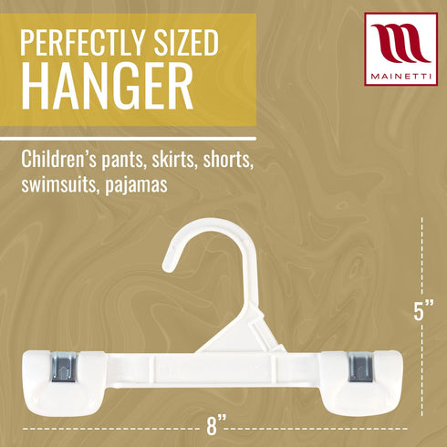 Mainetti 1004 White Kids Plastic Hangers - 100 Pack, 8-Inch, Great for Pants/Skirts/Slacks/Bottoms