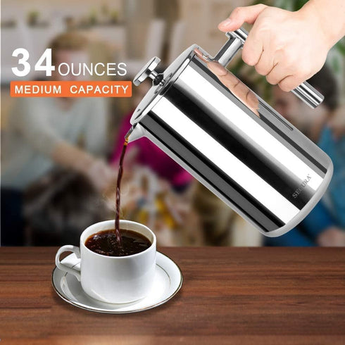 Secura French Press Coffee Maker, 34oz, 304 Grade Stainless Steel, Insulated, 2 Extra Screens