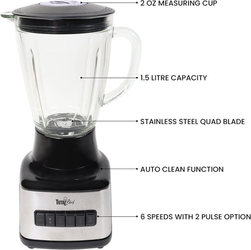 Total Chef 6-Speed Countertop Blender, 6 Cup Glass Jar, 500 W, Stainless Steel Blades, Auto-Clean Function
