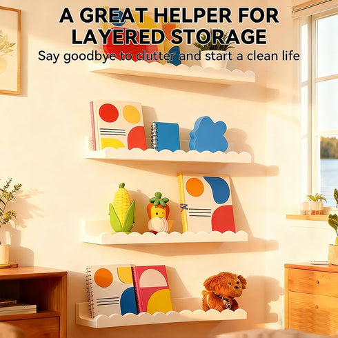 XNGZY Set 4 Nursery Book Shelves, of Floating Book Shelves, Scalloped Wall Bookshelf for Bedroom, White Decor