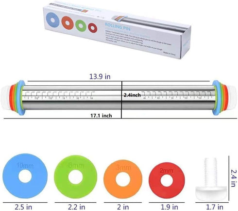 Adjustable 17" Rolling Pin with Thickness Rings, Stainless Steel Dough Roller for Pizza, Tortilla, Pie, Pasta, Cookies