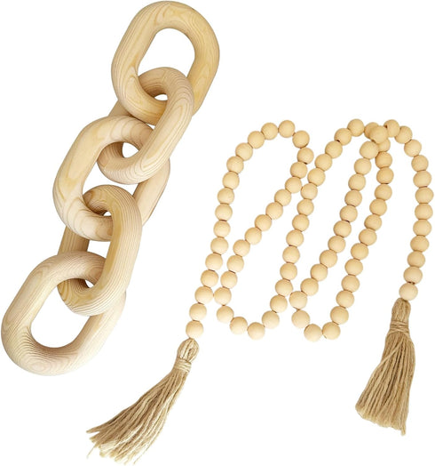 2 Pieces Decorative 5 Link Wooden Chain Decor and Bead Boho Farmhouse