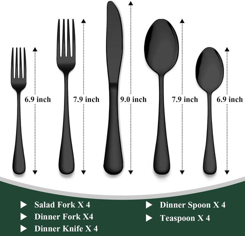 Wildone 20-Piece Black Silverware Set, Stainless Steel Flatware Cutlery Set Service for 4, Tableware Eating Utensils Include Knives/Forks/Spoons, Mirror Polished, Dishwasher Safe by Wildone