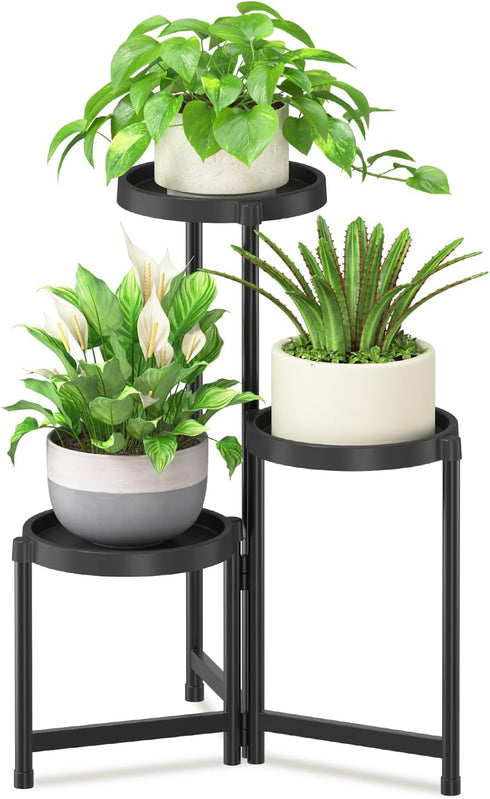 iDavosic.ly 3 Tier Folding Plant Stand Indoor Outdoor with Plastic Tray, Tiered