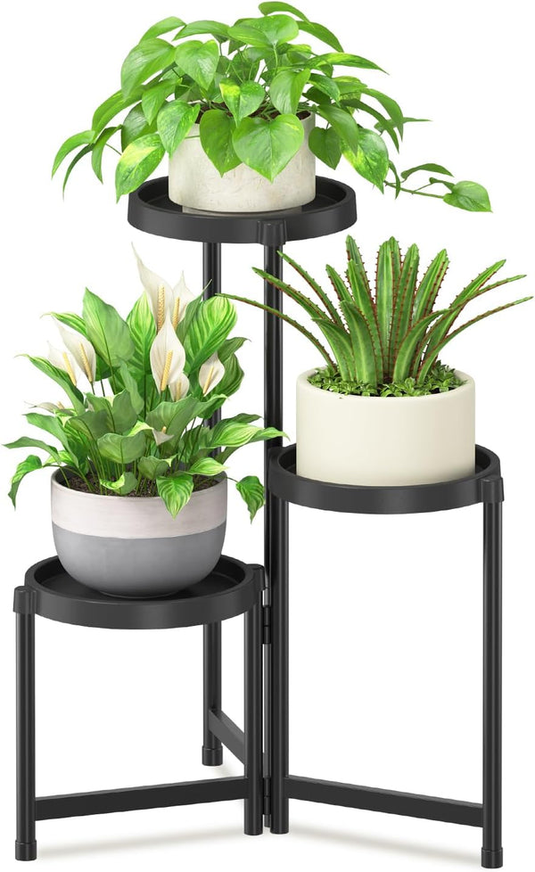 iDavosic.ly 3 Tier Folding Plant Stand Indoor Outdoor with Plastic Tray, Tiered