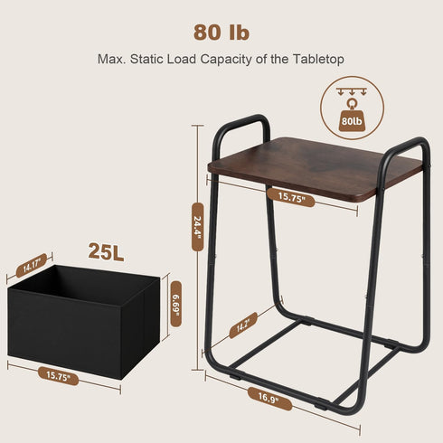 Rustic Brown Metal Frame Nightstand - Small Side Table with Fabric Storage Basket and Handle - Ideal for Bedroom