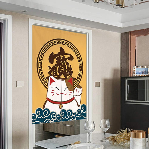 Japanese Noren Doorway Curtain Tapestry, Maneki Neko Lucky Cat Design, 33 x 35 inches