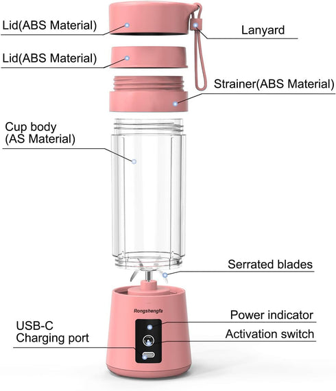 Portable Blender, Mini Personal Blender Bottles for Shakes and Smoothies, USB Rechargeable Cordless Electric Juicer Cup