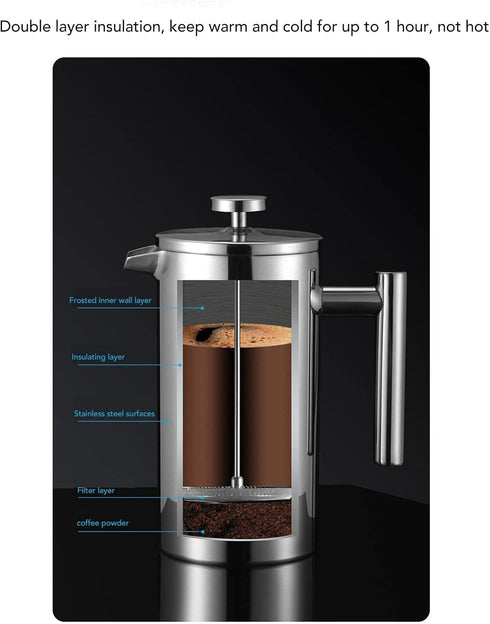 French Press Coffee Maker, 304 Stainless Steel Insulated Pot, Double Layer, 350-1000ML, Silver