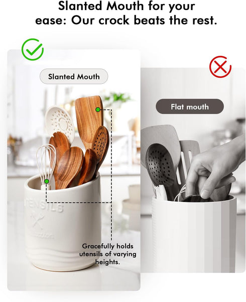 AISBUGUR Large Ceramic Utensil Holder, 7.5" H×6.3" W with Slanted Mouth, Non-Slip Cork Base for Kitchen Counter