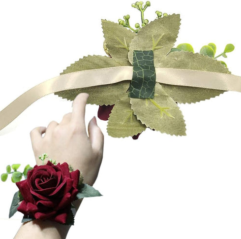 Arlai Wedding Prom Corsage and Boutonniere Set, Artificial Flower Rose Wrist Corsage with Ribbon Bracelet
