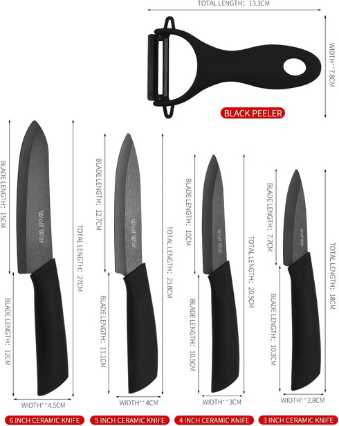 Ceramic Knife Set with Protective Cover, 4-Piece Kitchen Knife Set & 1 Peeler for Meat, Fruit, Vegetables