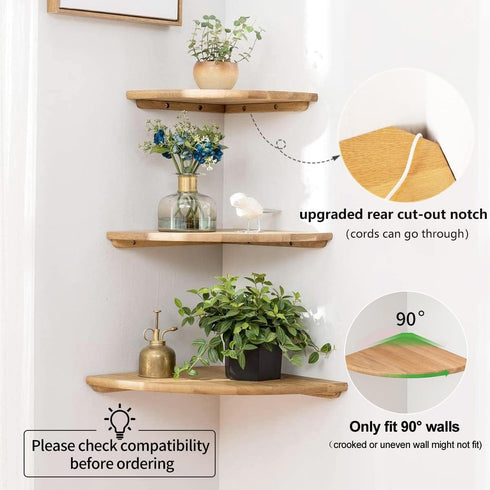 Set 2 7inch Corner Shelves, Floating Corner Shelf, of Solid Oak Wood Wall Shelves, Round End Wall Mount with Wire Hole
