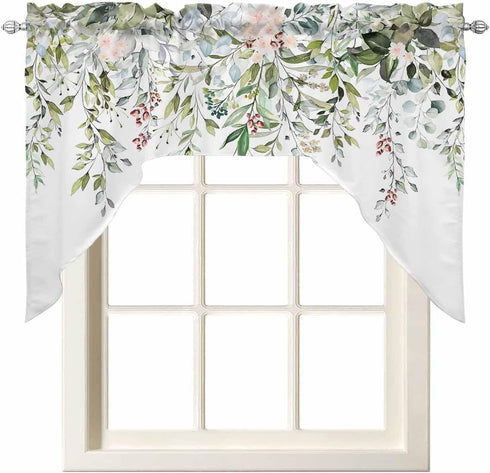 Watercolor Spring Floral Swag Valances for Kitchen Window, Eucalyptus Leaves Flowers Small Swag Curtains Drapes for Bedroom Bathroom Over Sink Rod Pocket Window Treatment Decor Valances, 56x36 Inch by Onekaccu