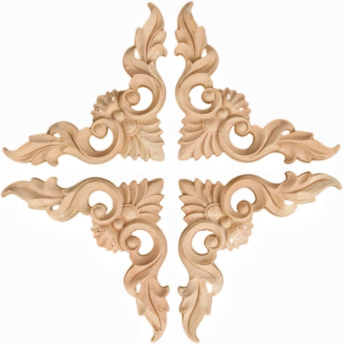 MUXSAM 4Pcs Wood Carved Appliques Onlays, Unpainted Flower Corners Decals for DIY Artwork Project, 15x15cm/5.9"x5.9"