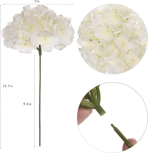 10PCS Silk Hydrangea Heads with Stems, Artificial Flowers for Wedding Party Home Decor (Off White)