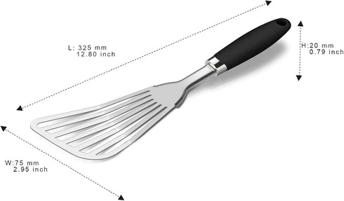 304 Stainless Steel Fish Spatula - Non-Slip Ergonomic Handle Slotted Spatula, Black for Cooking