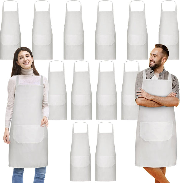 Dwrttow 12 Pack Bib Apron,White Aprons Bulk,Unisex Plain Bib Aprons with 2 Pockets,Blank