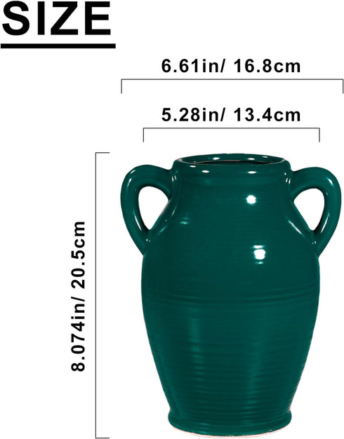 8 Inch 2 Sunddo Modern Ceramic Vase for Decor - Green Decorative Vase with Handles, Pampas Grass Vases