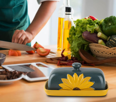 Butter Dish with Lid, Ceramic Sunflower Butter Keeper for Countertop, Large Covered Butter Tray, Farmhouse Butter Dish