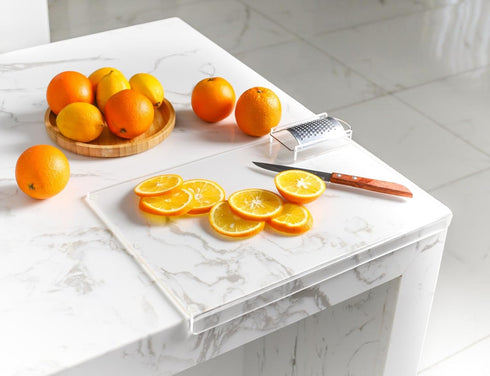 Acrylic Cutting Board With Counter Lip - Clear Cutting Board with Detachable Grater and Spoon Holder for Countertop