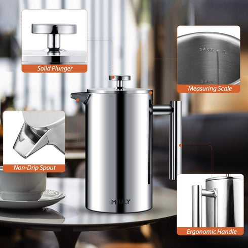 Miuly French Press 34oz, Double Insulated 304 Stainless Steel Coffee Press with 5 Extra Filters and 3 Additional Coffee