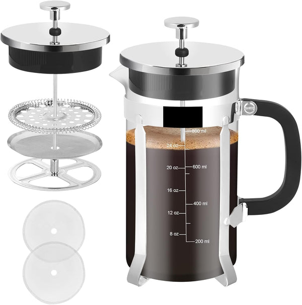 French Press Coffee Maker, 34oz 304 Stainless Steel with 2 Filters, Heat Resistant Borosilicate Glass, BPA Free