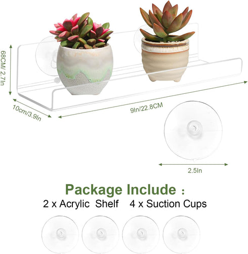 2 Pack 9 Inch Window Plant Shelves, Acrylic Suction Cup Shelf, Window Sill Extender for Indoor Succulents, Herb