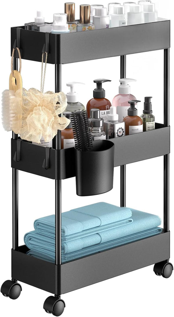 Pipishell Slim Storage Cart with Wheels, Rolling Bathroom Organizer for Narrow Spaces, Black PIUC04