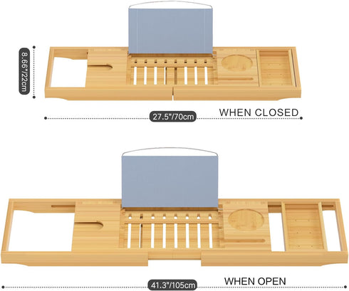 Sen Yi Bao Bamboo Luxury Bathtub Caddy Tray - Expandable Wood Bath Tray with Integrated Tablet, Smartphone, Wine Holder