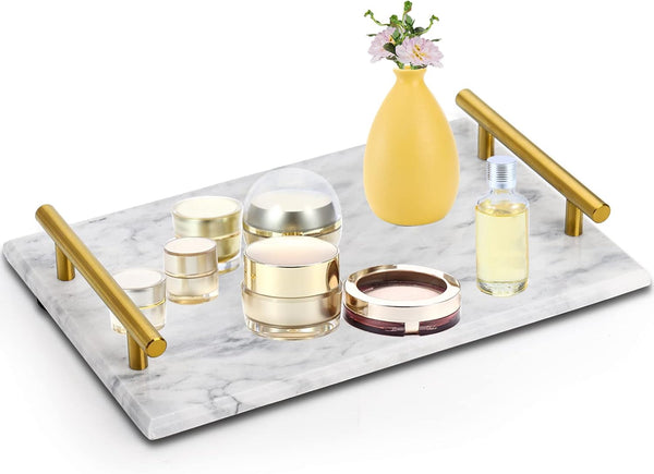 DEAYOU Decorative Tray with Gold Handles, Natural Marble Stone Tray, 12" Nightstand