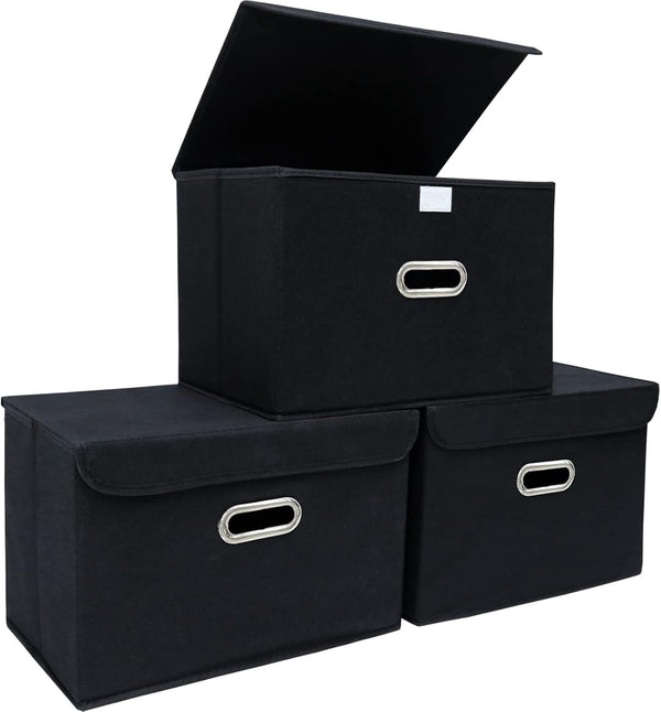 STOREONE Fabric Storage Cube Bins, Foldable Organizer Container with Lids and Metal Handles, Black, 3 Pcs